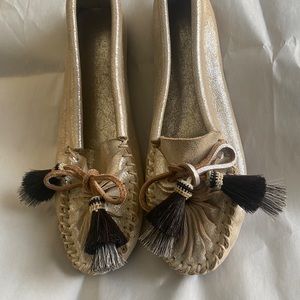 Loeffler Randall “docksider” style. Champagne metallic leather, 7.5B